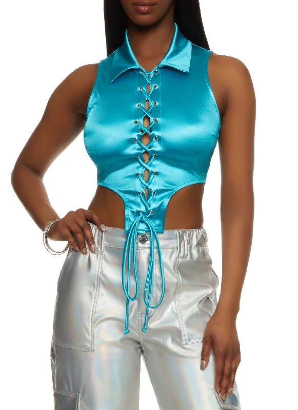 Satin Lace Up Collared Crop Top