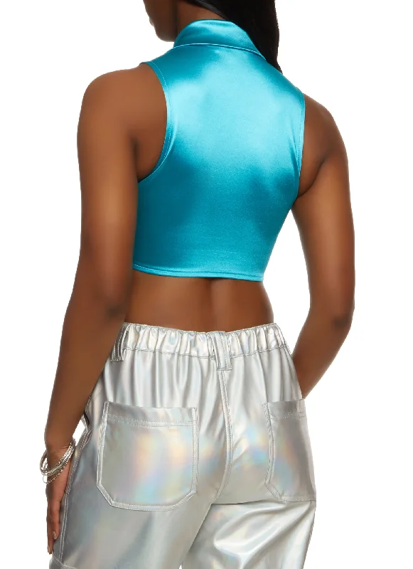 Satin Lace Up Collared Crop Top