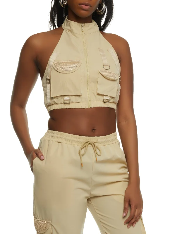 Zip Up Cargo Halter Top