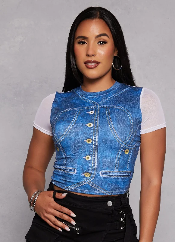 Denim Printed Mesh Crop Top