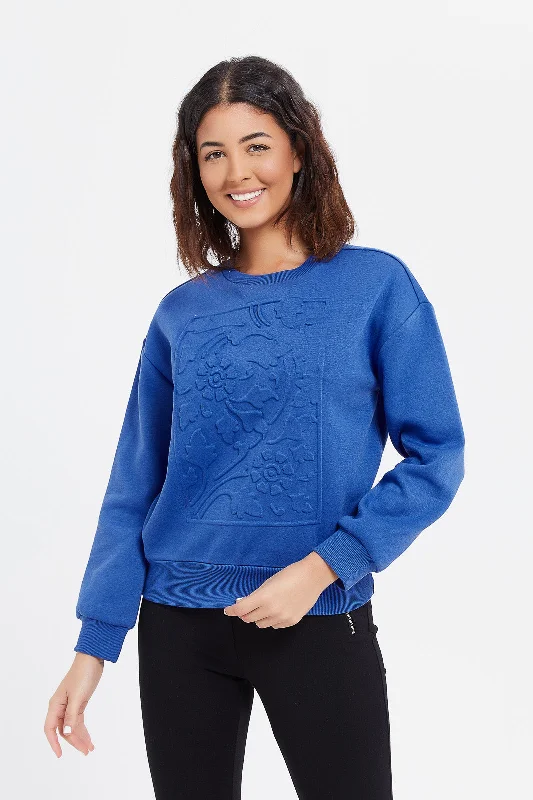 Women Blue Embossed Print Sweatshirt