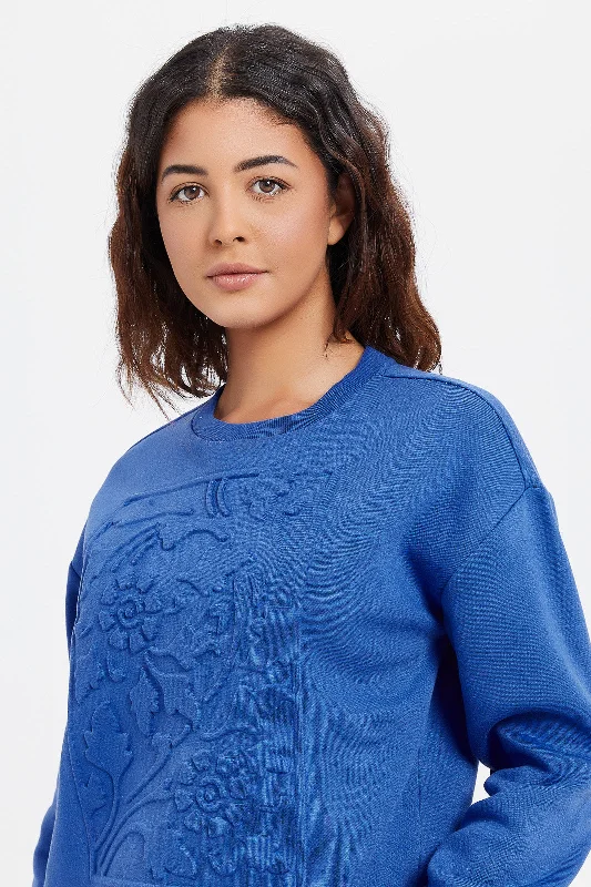 Women Blue Embossed Print Sweatshirt