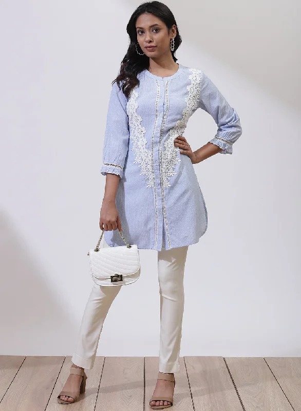 Sky Blue Embroidered Nargis Shirt with Lace Details