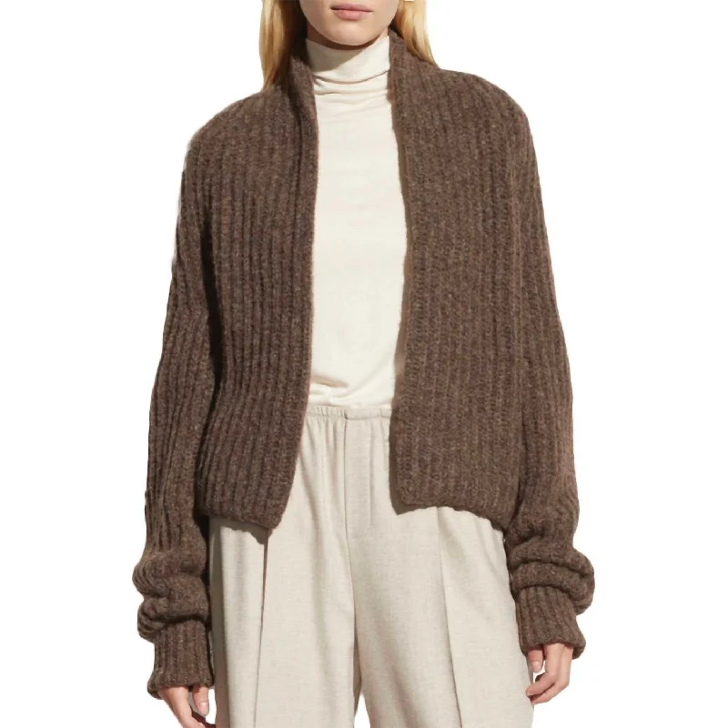 Cropped Rib Cardigan In Heather Bark