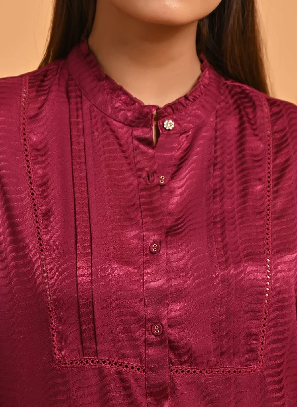 Fuchsia Satin Shirt with Balloon Sleeves and Open Front