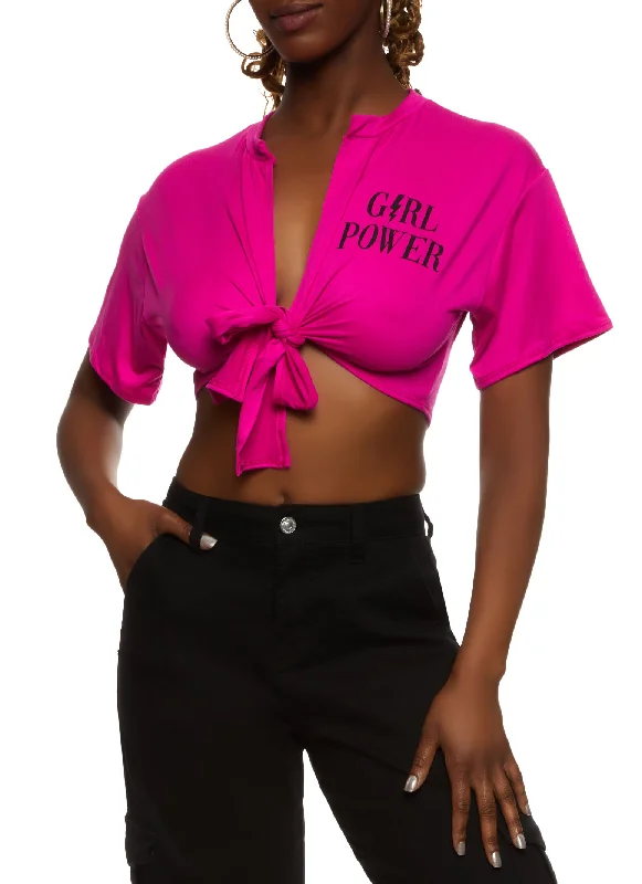 Tie Front Grl Power Cropped Graphic Tee