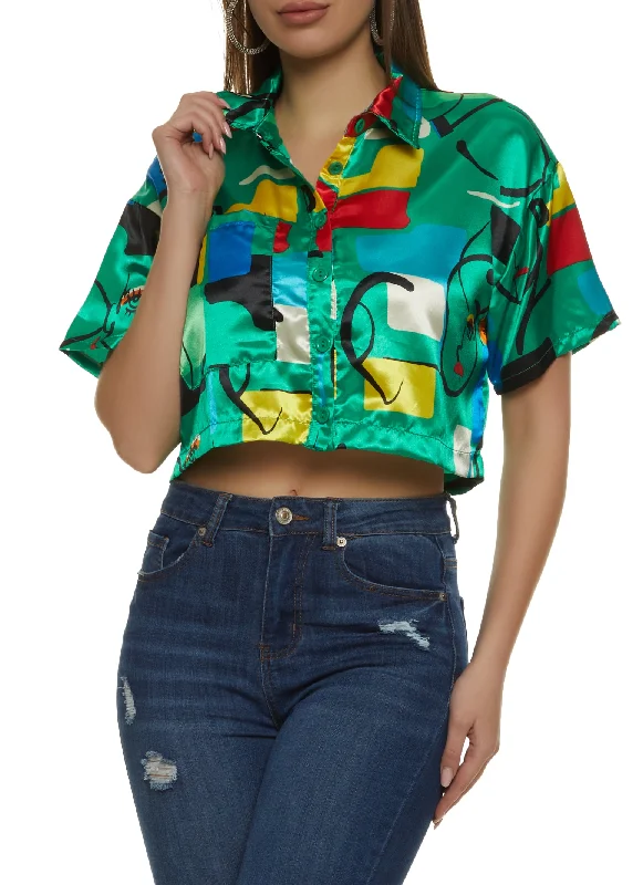 Satin Mixed Print Cropped Shirt