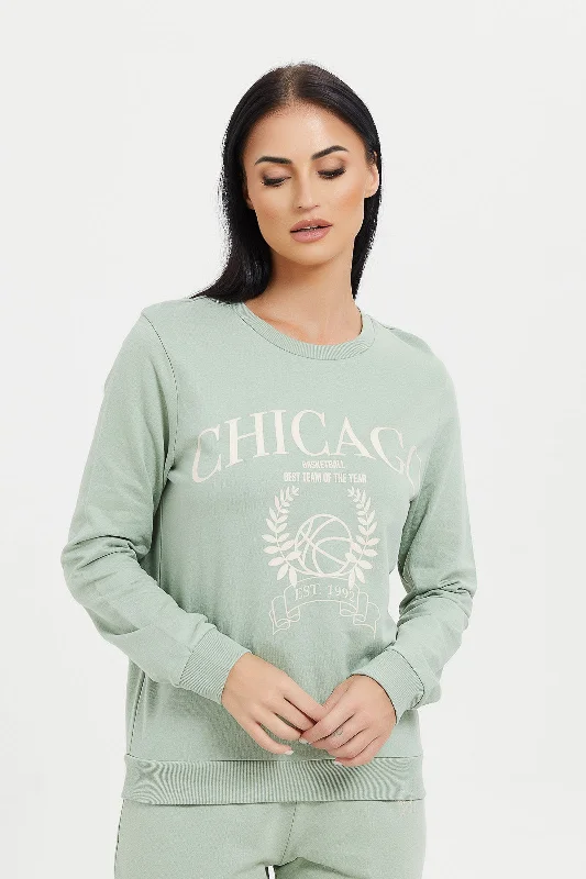 Women Green Chicago Printed Sweatshirt