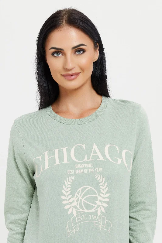 Women Green Chicago Printed Sweatshirt