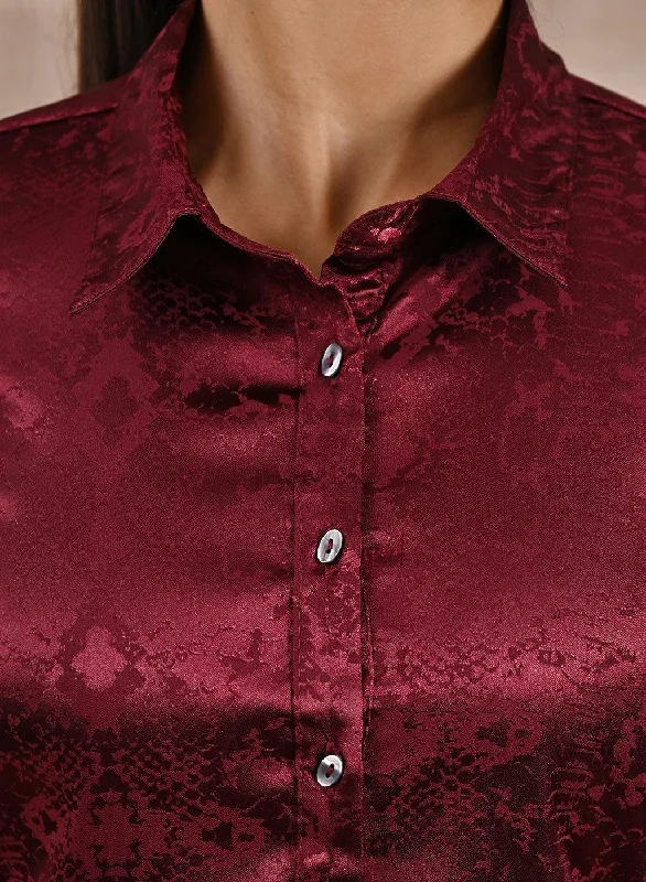 Maroon Aztec Printed Satin Shirt with Gathered Sleeves