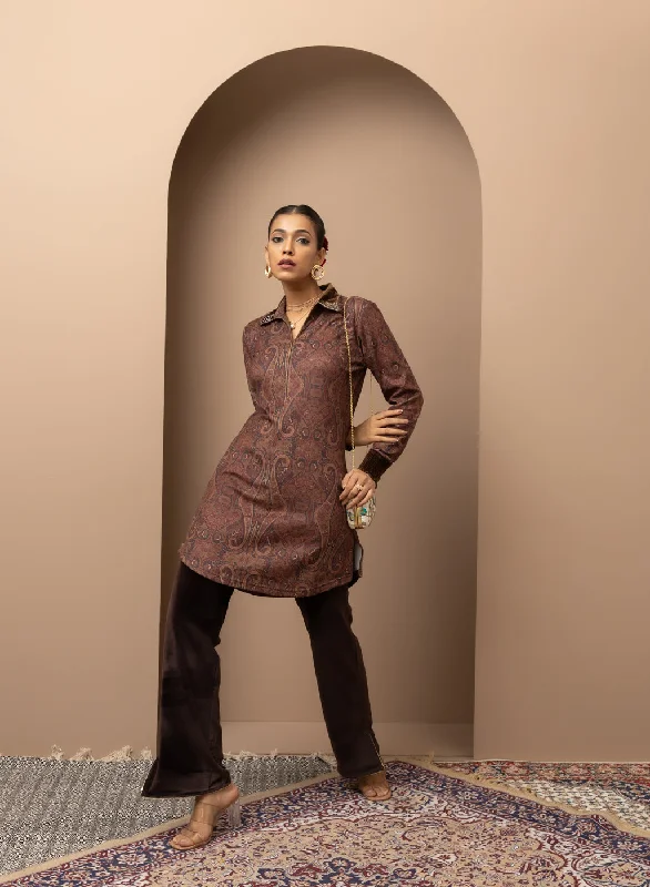 Maroon Printed Tunic with Embroidery on Collar