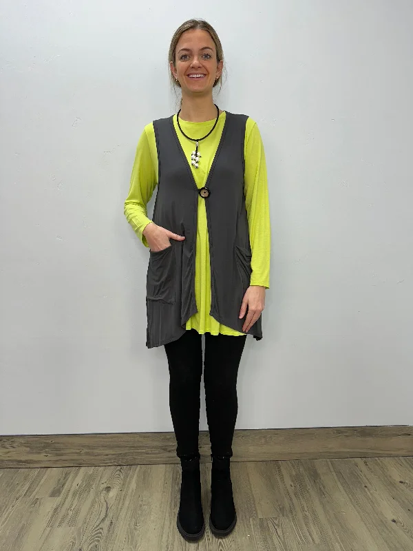 Modal One Button Vest with Pockets - Charcoal