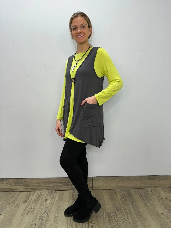 Modal One Button Vest with Pockets - Charcoal