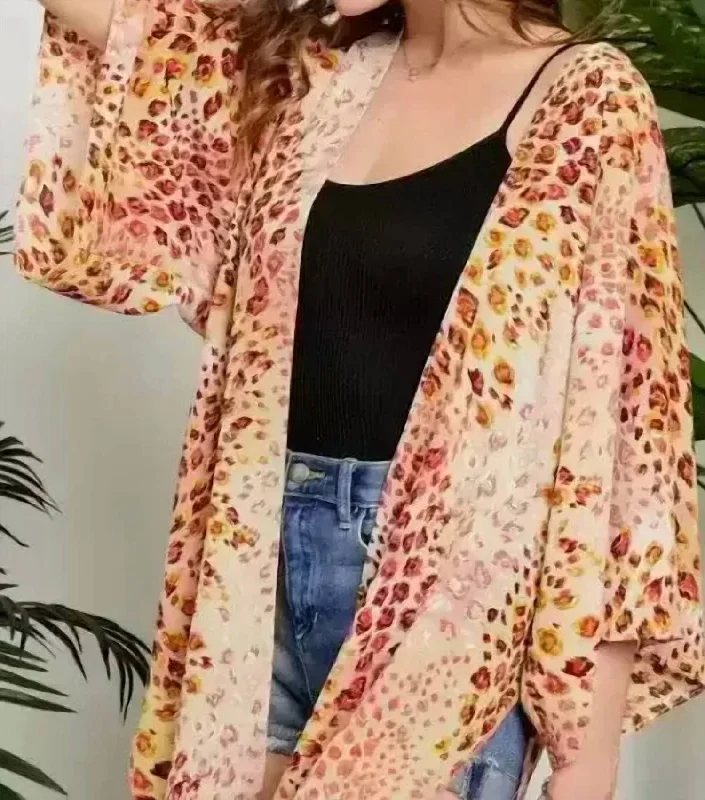 Open Front Leopard Print Kimono Plus In Pink