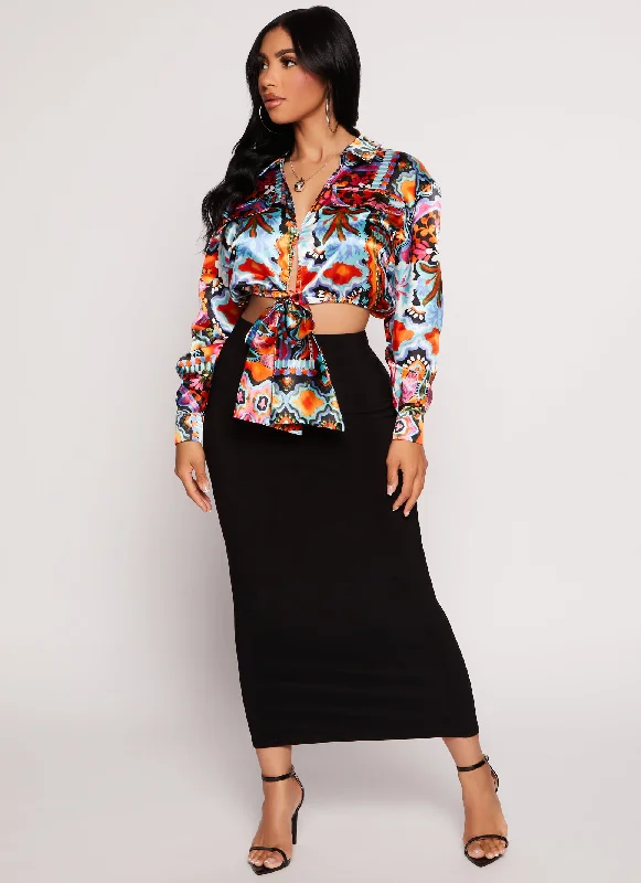 Satin Printed Long Sleeve Tie Front Blouse