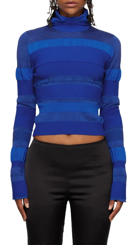 Ribbed High Neck Top In Blue