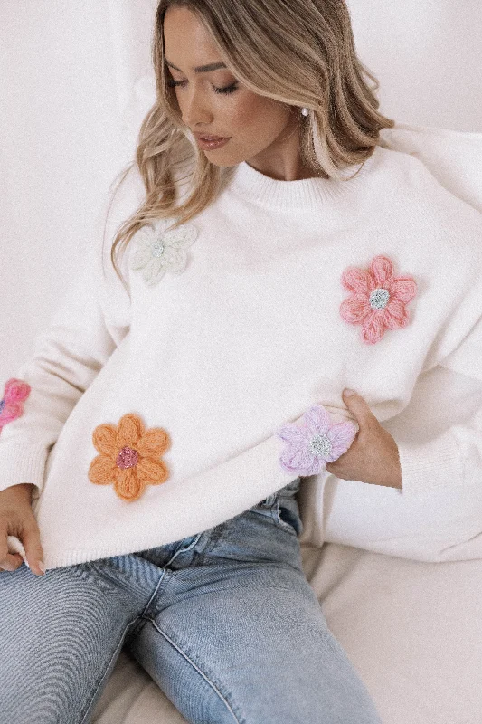 Ronnie Embroidered Flower Sweater - Cream