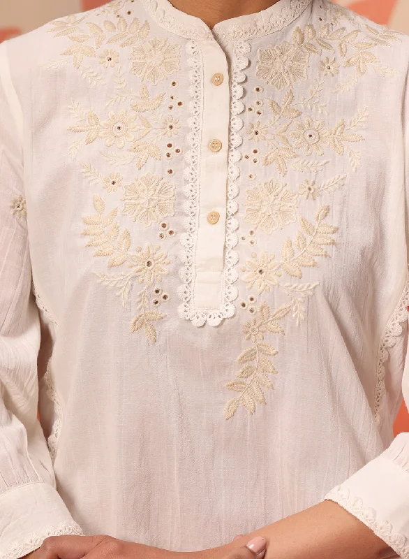 Safia Ivory Embroidered Georgette Top for Women