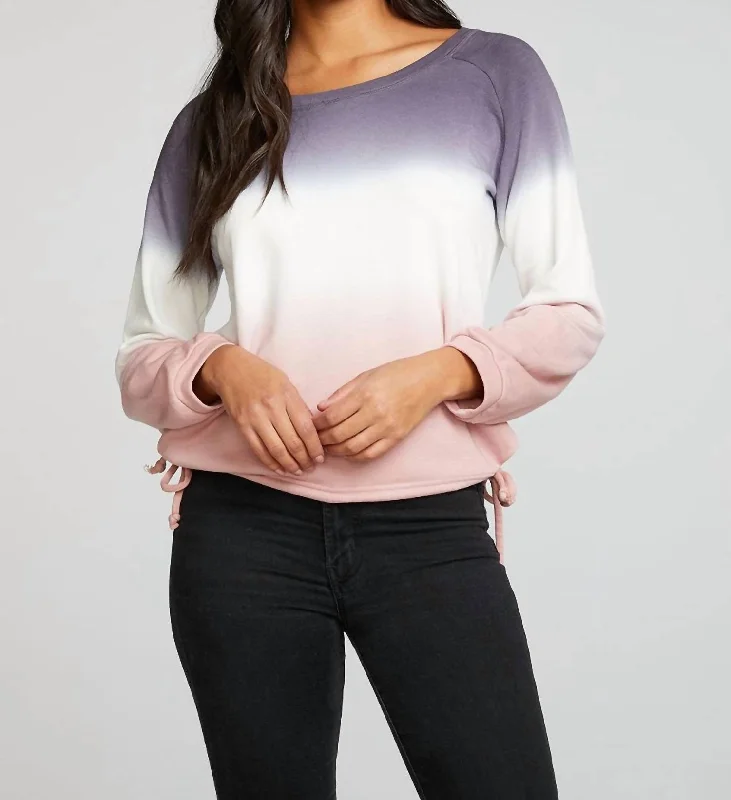 Slub French Terry Blouson Sleeve Side Tie Raglan Pullover In Sunset Ombre