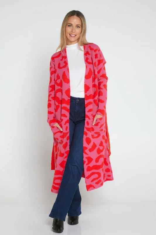 Swift Wraparound Oversized Tie Waist Cardigan - Pink/Red Cheetah Print