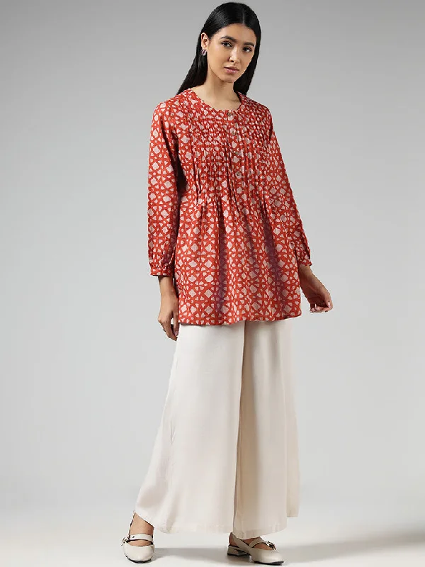 Utsa Red Printed Cotton Pintuck Tunic