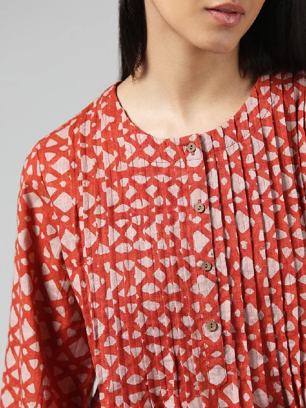 Utsa Red Printed Cotton Pintuck Tunic