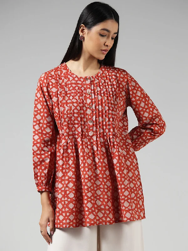 Utsa Red Printed Cotton Pintuck Tunic