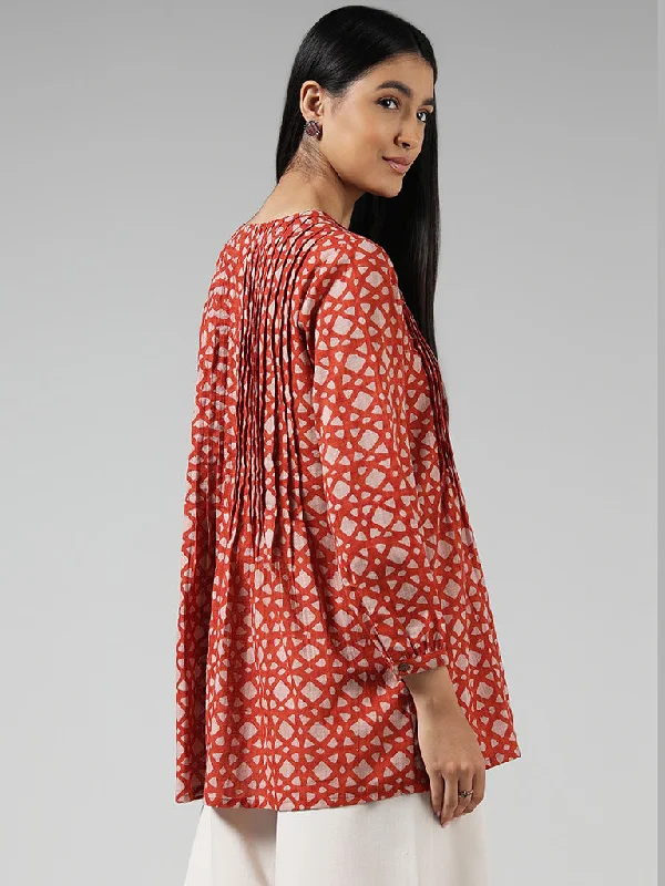 Utsa Red Printed Cotton Pintuck Tunic