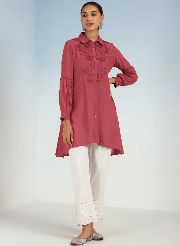 Watermelon Pink Kurti with Curved Hem and Pleated Sleeves