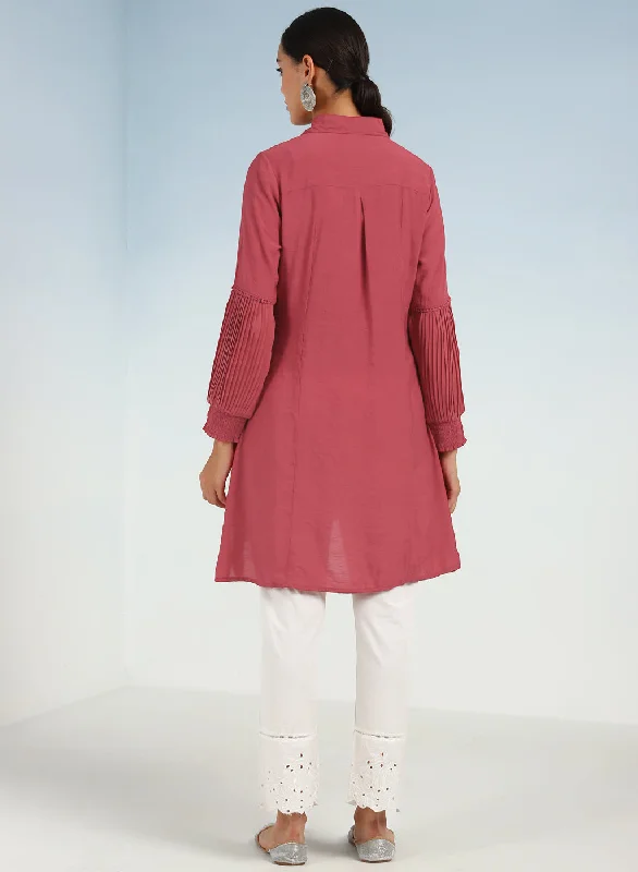 Watermelon Pink Kurti with Curved Hem and Pleated Sleeves