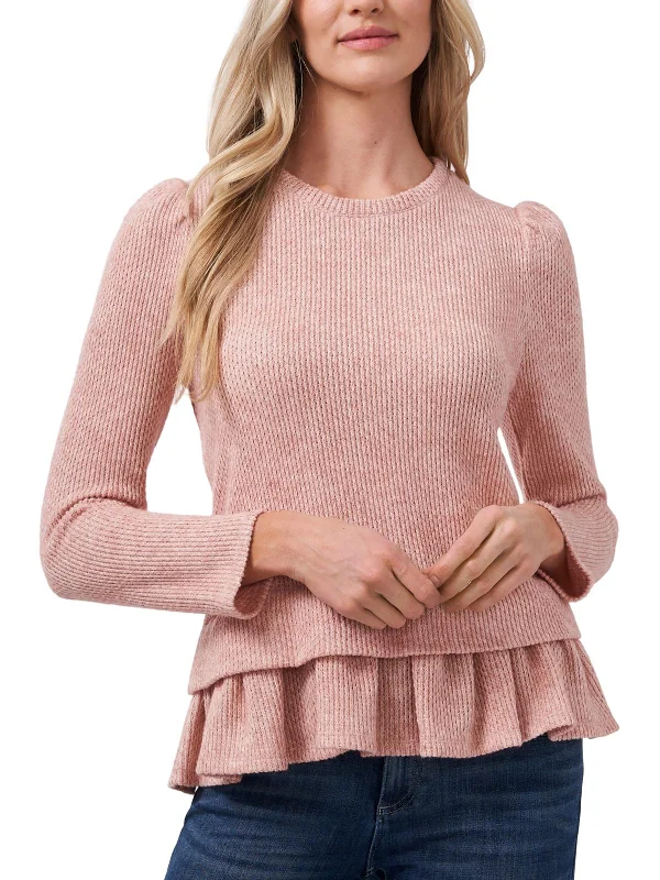 Womens Knit Ruffled Crewneck Sweater