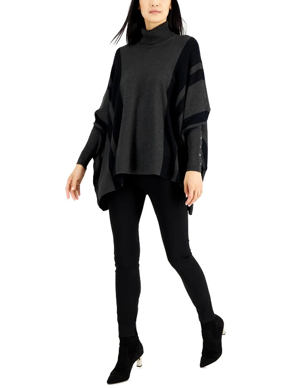 Womens Turtleneck Handkerchief Hem Poncho Sweater