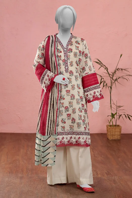 Cream Printed Unstitched Kurti With Dupatta