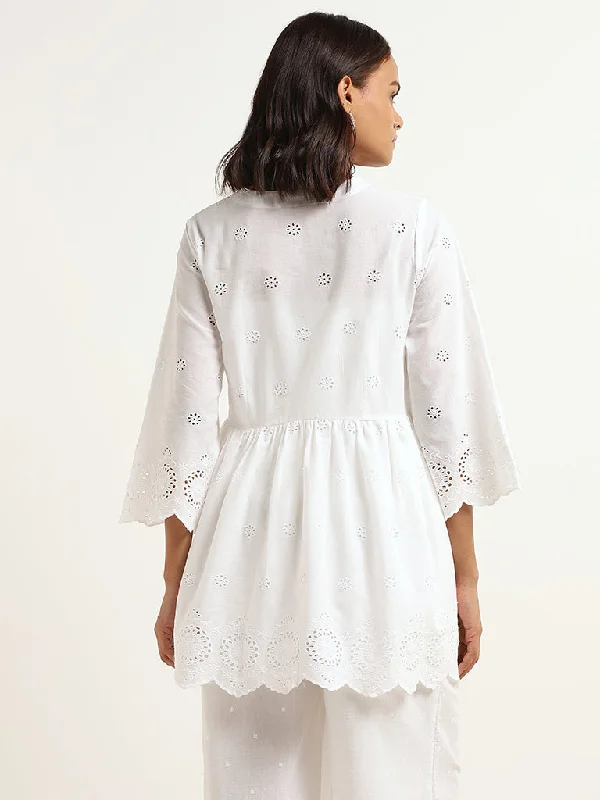 Zuba White Cotton Schiffli Kurti