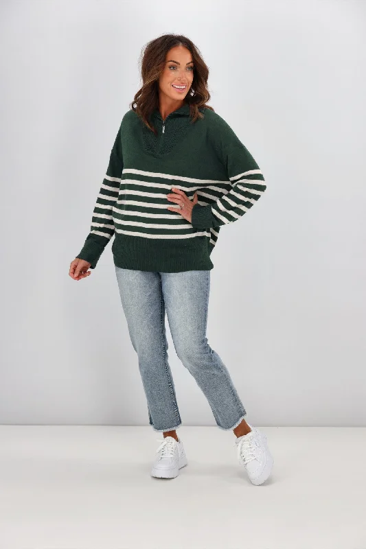 Alpine by Shine On Rhianna Quarter Zip Striped Merino Jumper Forest w Oatmeal