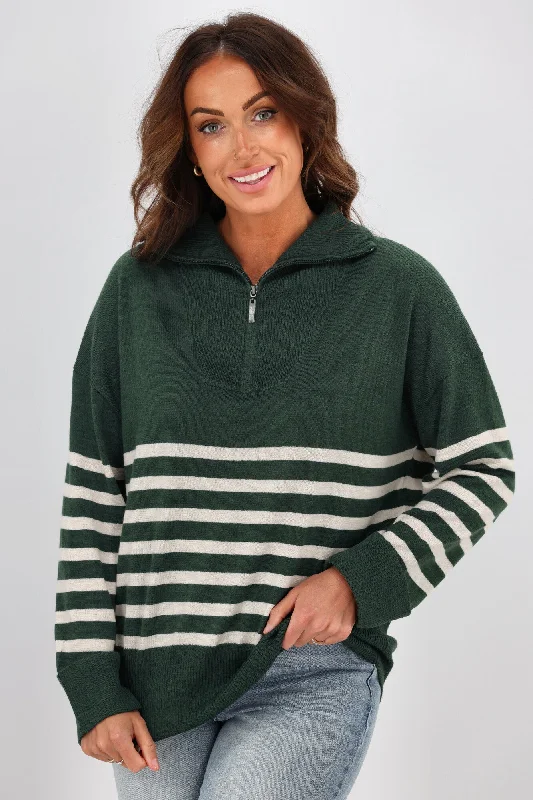 Alpine by Shine On Rhianna Quarter Zip Striped Merino Jumper Forest w Oatmeal