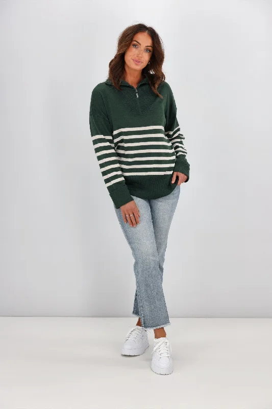 Alpine by Shine On Rhianna Quarter Zip Striped Merino Jumper Forest w Oatmeal