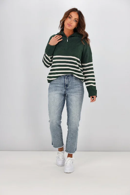 Alpine by Shine On Rhianna Quarter Zip Striped Merino Jumper Forest w Oatmeal