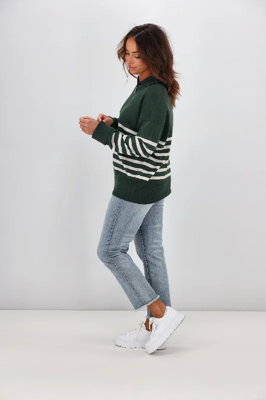 Alpine by Shine On Rhianna Quarter Zip Striped Merino Jumper Forest w Oatmeal