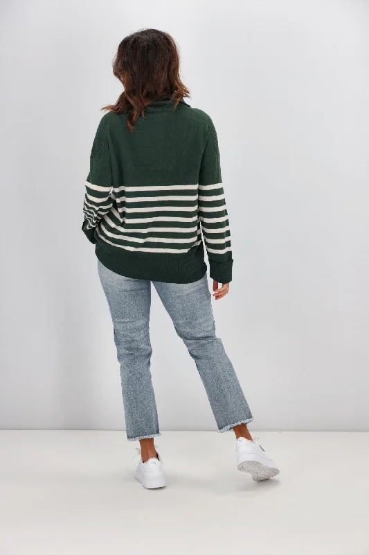 Alpine by Shine On Rhianna Quarter Zip Striped Merino Jumper Forest w Oatmeal