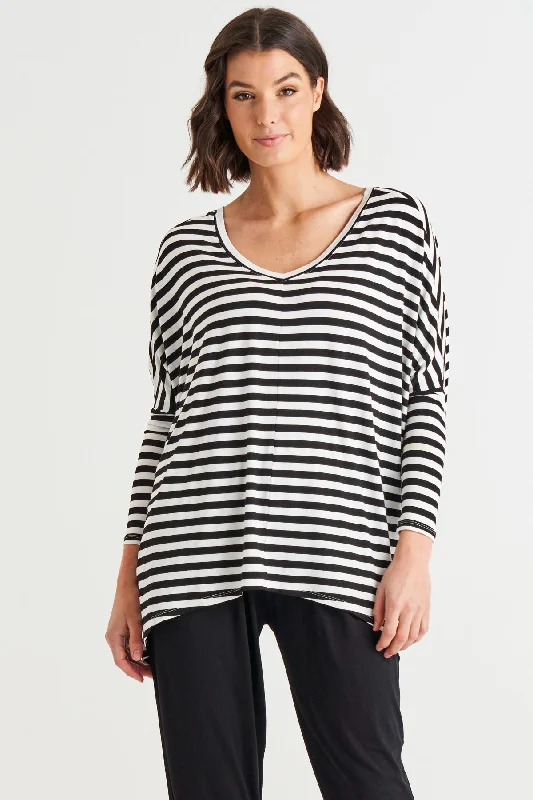 Betty Basics Kyoto V-neck Tee  Black/White Stripe