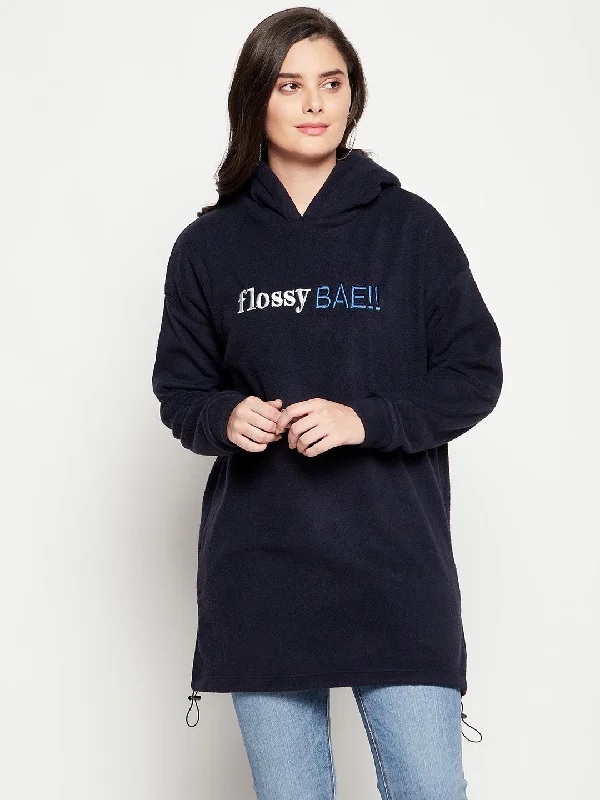 Camla Barcelona Typography Navy Blue Hooded Longline Sweatshirt