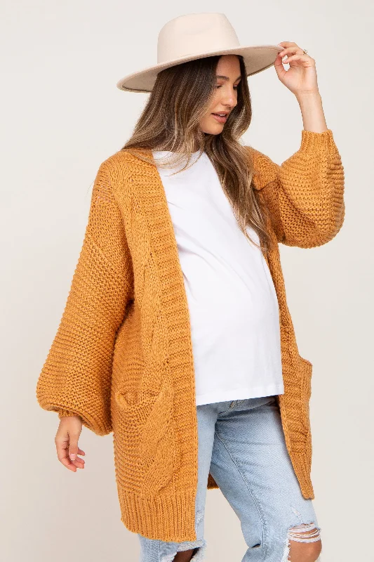 Camel Cable Knit Front Pocket Maternity Cardigan