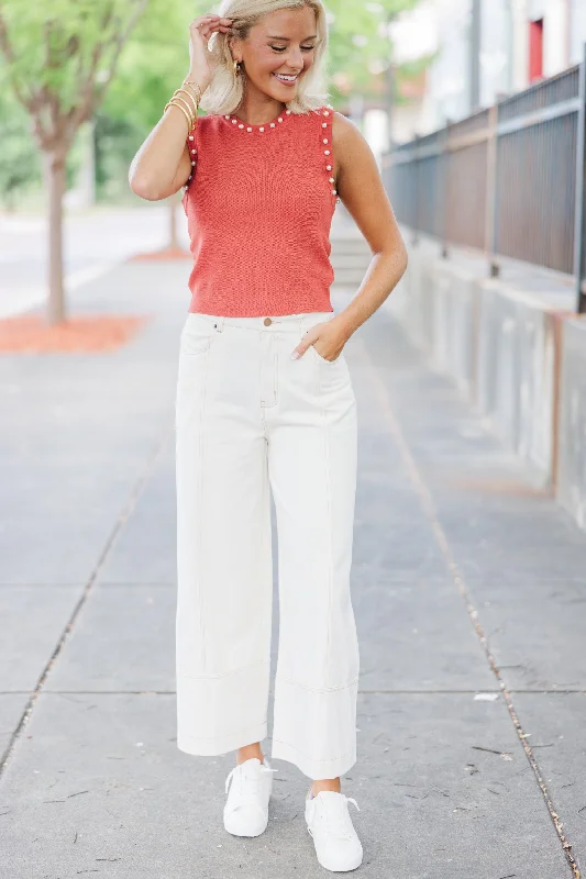 Feeling Chic Rust Orange Pearl Embellished Tank