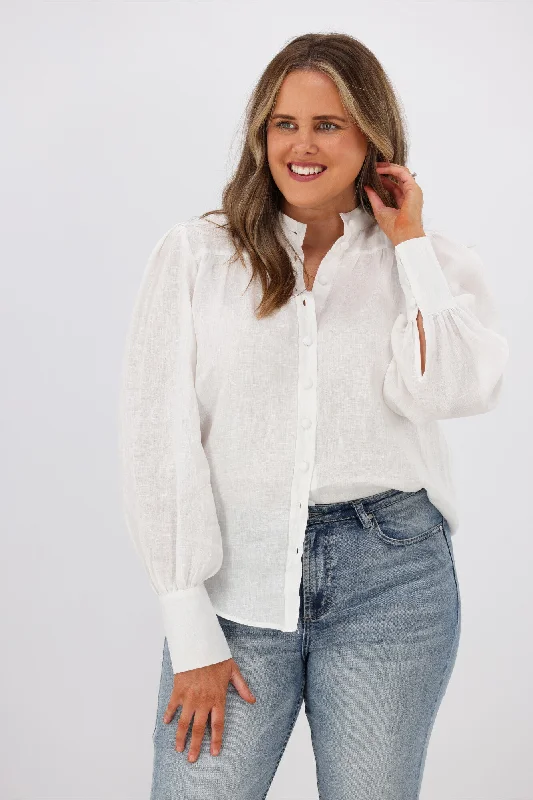 Fria Jessamine Linen Peasant Sleeve Blouse White