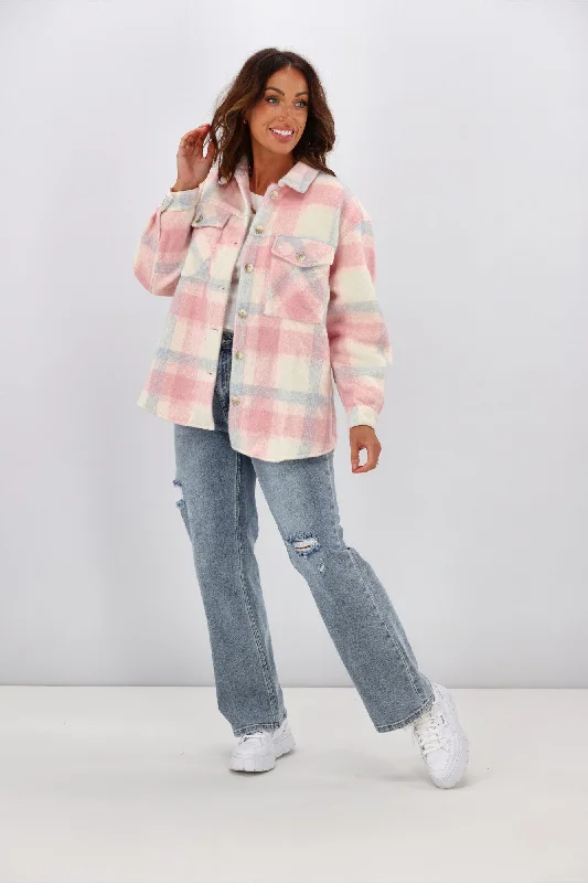 Fria Rowen Pastel Check Shacket Pink