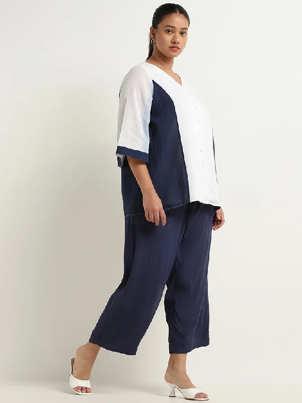 Gia White and Navy Colour Block Cotton Blouse