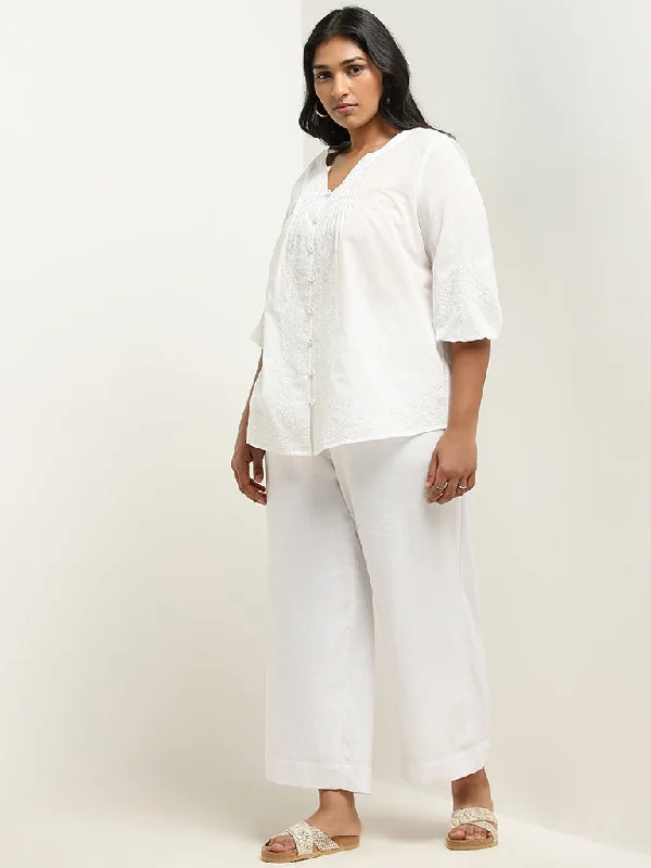 Gia White Floral Embroidered Cotton Blouse