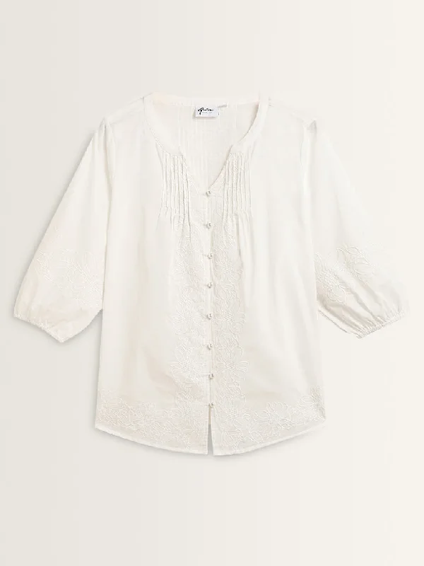 Gia White Floral Embroidered Cotton Blouse