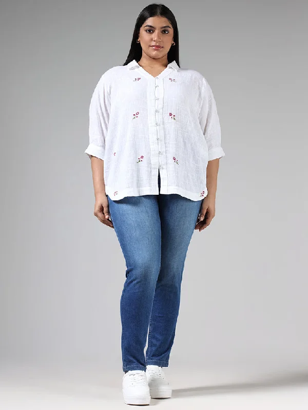 Gia White Floral Embroidery High Low Shirt